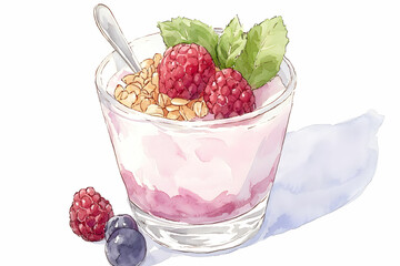 Colorful Yogurt Dessert with Raspberries, Granola, and Fresh Mint on a Bright Background