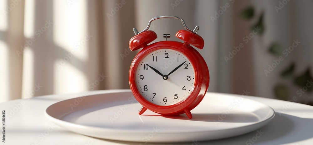 Poster a red alarm clock on a plate, symbolizing time management and routine.