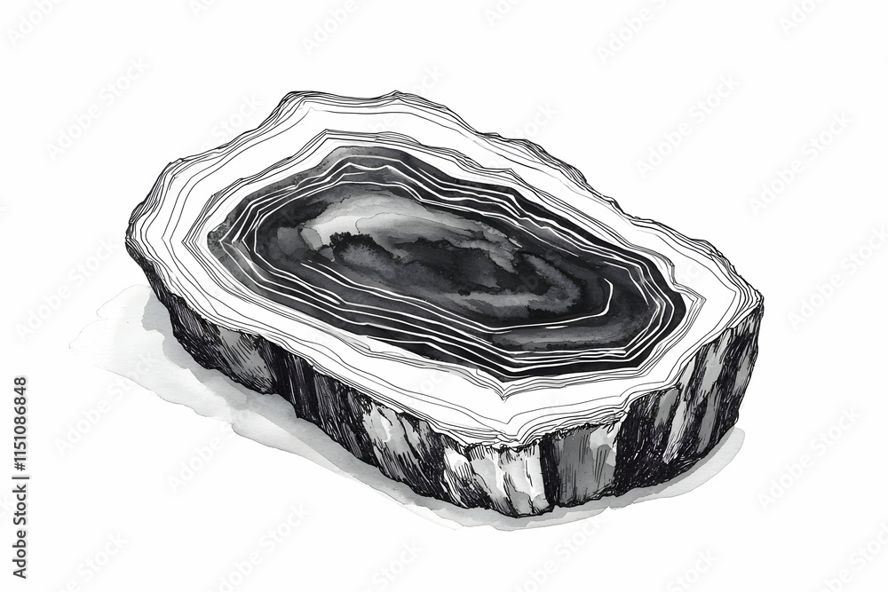 Aufkleber black and white agate slice with intricate layered patterns and textures in contemporary art style