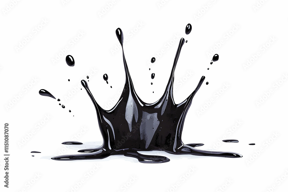Poster black paint splash on a white background with droplets and a dynamic splash pattern creating an arti