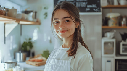 girl in white apron smiles warmly in bright kitchen, showcasing her joy and enthusiasm for cooking. cozy atmosphere enhances inviting scene