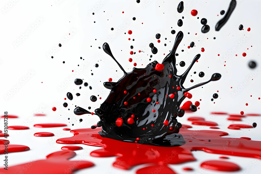 Poster vivid red and black paint splash creating dynamic artistic effect on white background