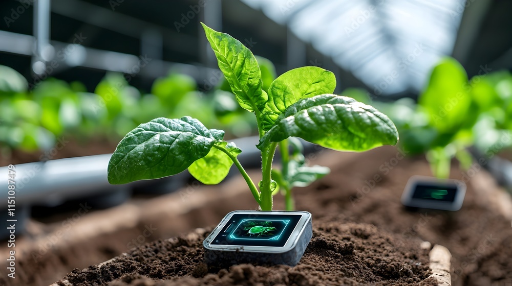 Aufkleber female farmer managing greenhouse plants through advanced smart sensors and cutting edge mobile app 