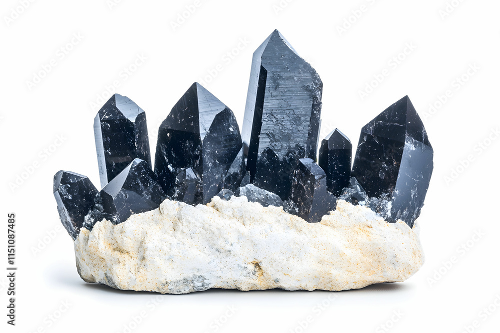Poster stunning black quartz crystal formation with sharp edges and unique structure on light background