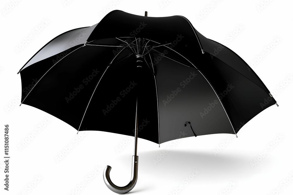 Poster black umbrella with unique hook handle on a clean white background for elegant modern design context