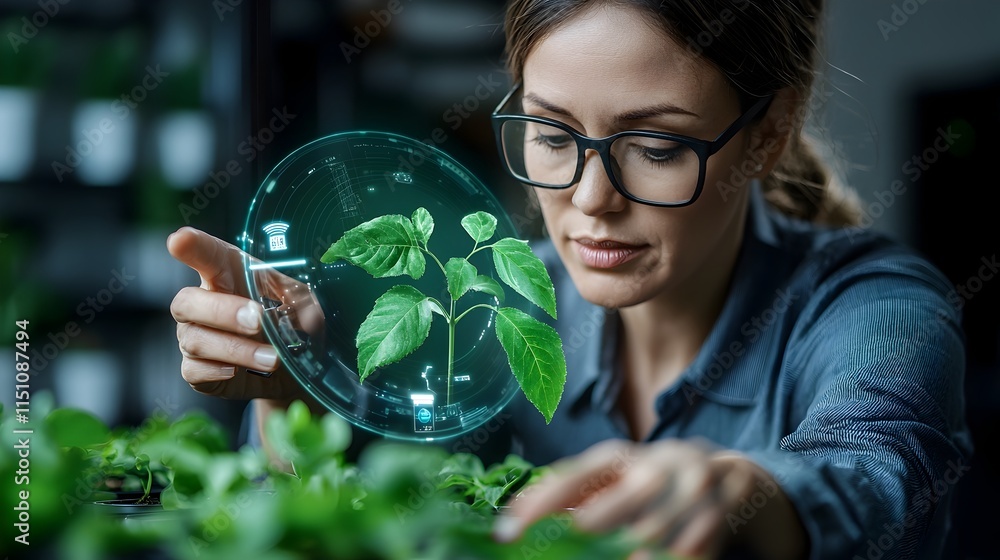 Poster A woman utilizing cutting edge smart technology to automate and optimize the care and monitoring of plants in a greenhouse environment