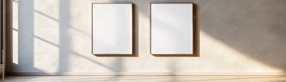 Poster minimalist empty space with two blank frames and natural light.