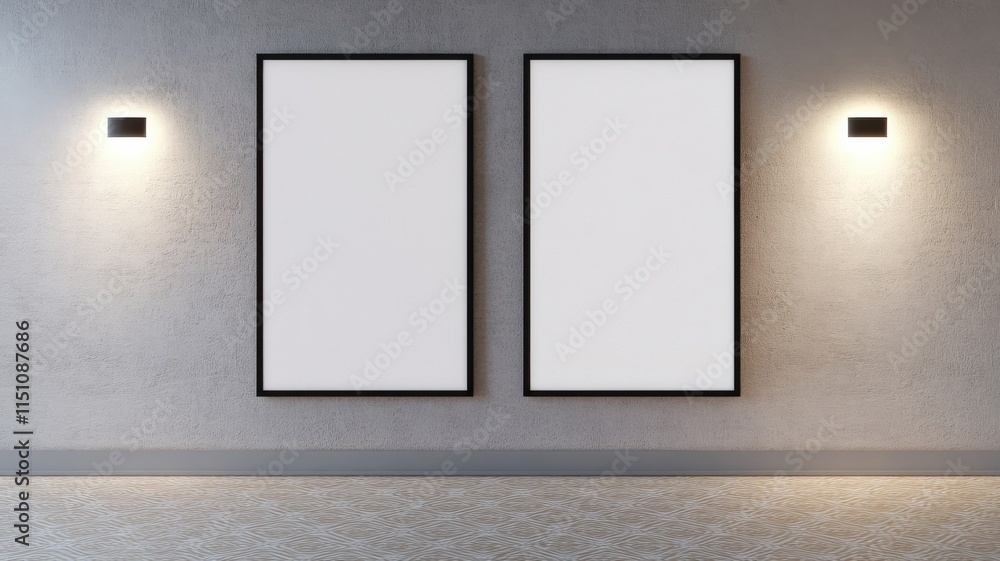 Poster minimalist gallery wall with two empty frames and modern lighting.