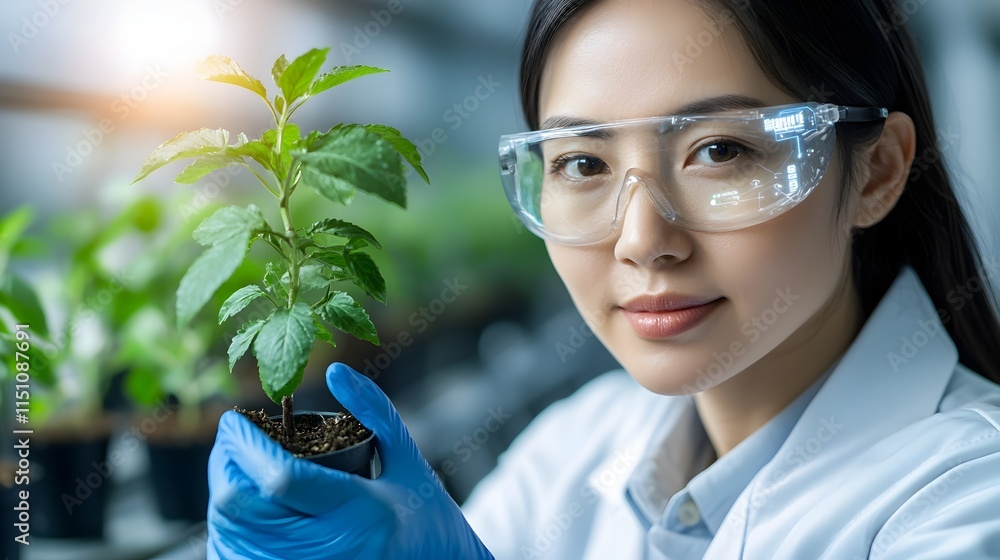 Poster female scientist leveraging smart technology to research and enhance automated greenhouse plant grow