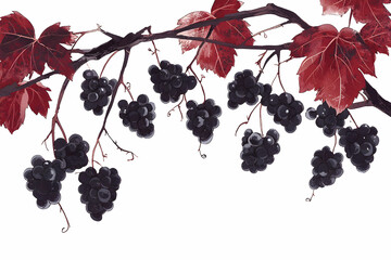 Naklejka premium Beautifully Rendered Grapes on a Vine with Red Leaves Against a Bright White Background