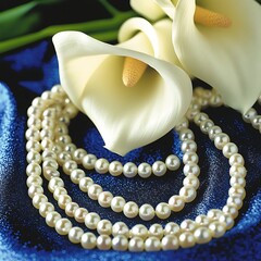 Calla lilies and pearls rest on blue fabric