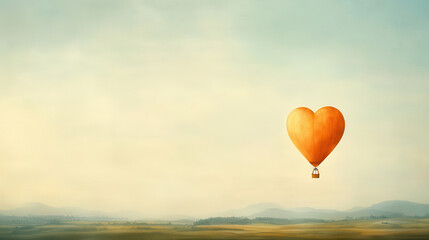 Fototapeta premium whimsical hot air balloon shaped like heart floats above serene landscape, evoking feelings of love and adventure