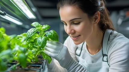 A Woman Overseeing a Fully Automated Smart Greenhouse for Sustainable Plant Cultivation   A modern indoor agriculture facility with advanced technology sensors