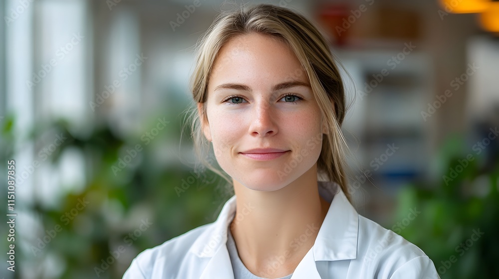 Poster female scientist utilizing advanced smart technology to research and enhance the growth of plants in