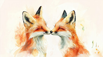 Obraz premium whimsical watercolor painting of two foxes sharing joyful moment, showcasing their vibrant orange fur and playful expressions