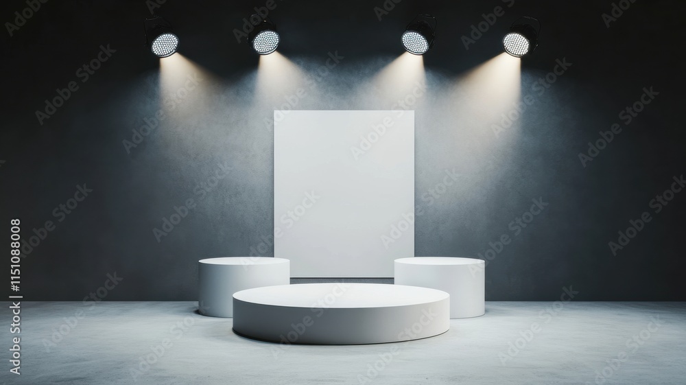 Poster modern display platform with spotlight in a minimalistic setting.