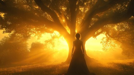 Fototapeta premium A silhouette of a woman stands before a large tree, illuminated by a warm sunset glow.