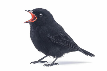 A striking black bird with an open beak showcasing its vibrant red interior set against a clean white background