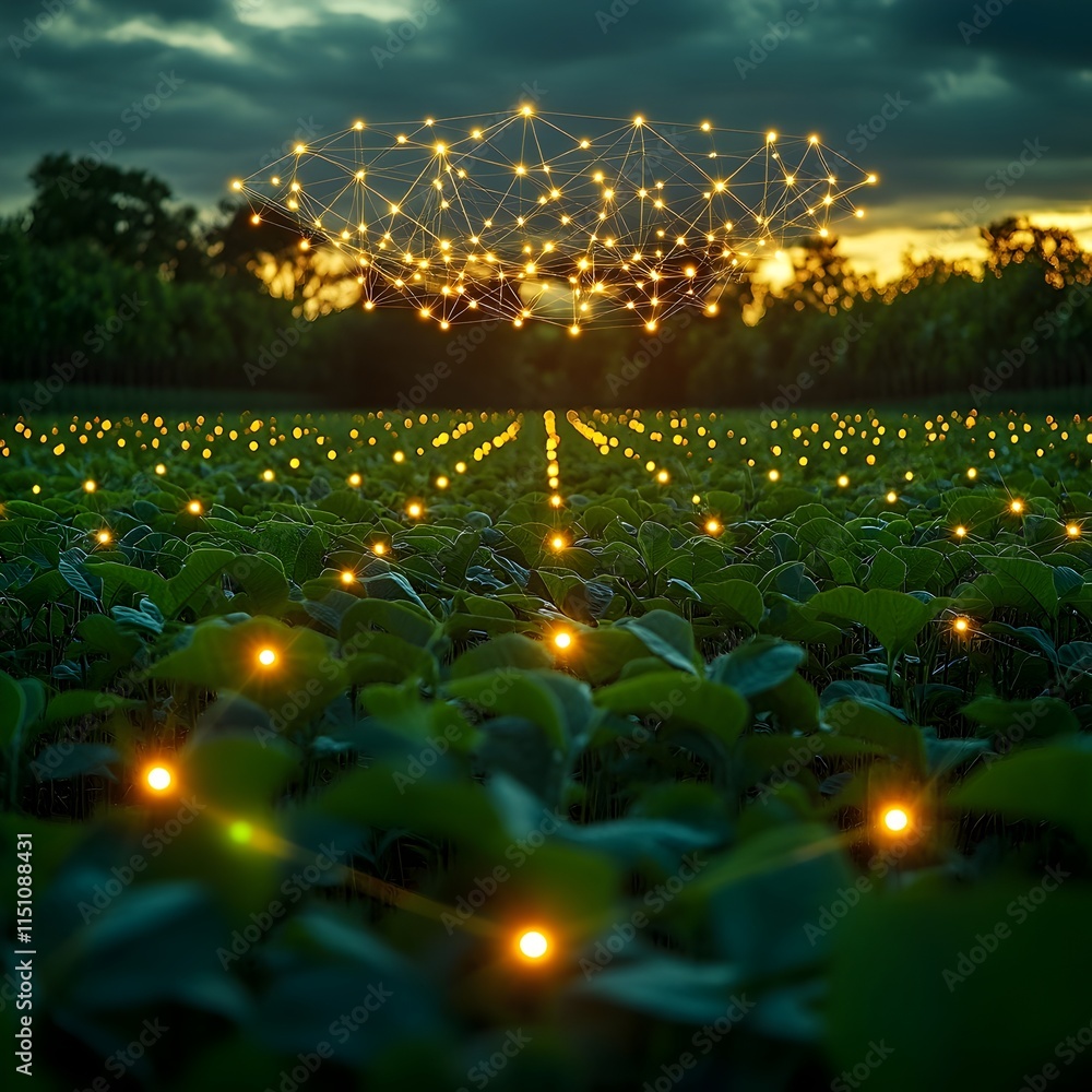 Aufkleber bird s eye view of a verdant soybean crop field with a lattice of illuminated digital nodes drifting
