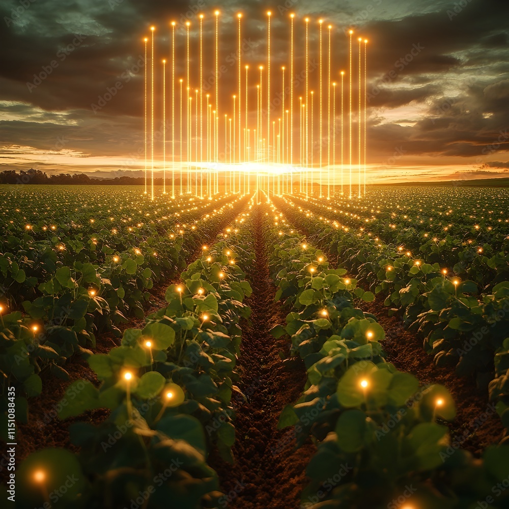Poster aerial perspective of an expansive soybean plantation with a grid of luminous digital markers hoveri