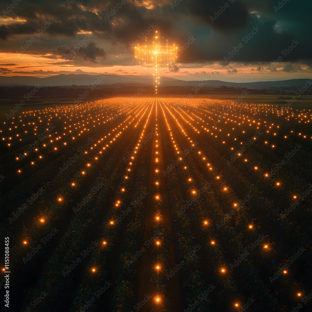 Aufkleber aerial perspective showcasing expansive soybean plantation with a grid of luminous digital markers h