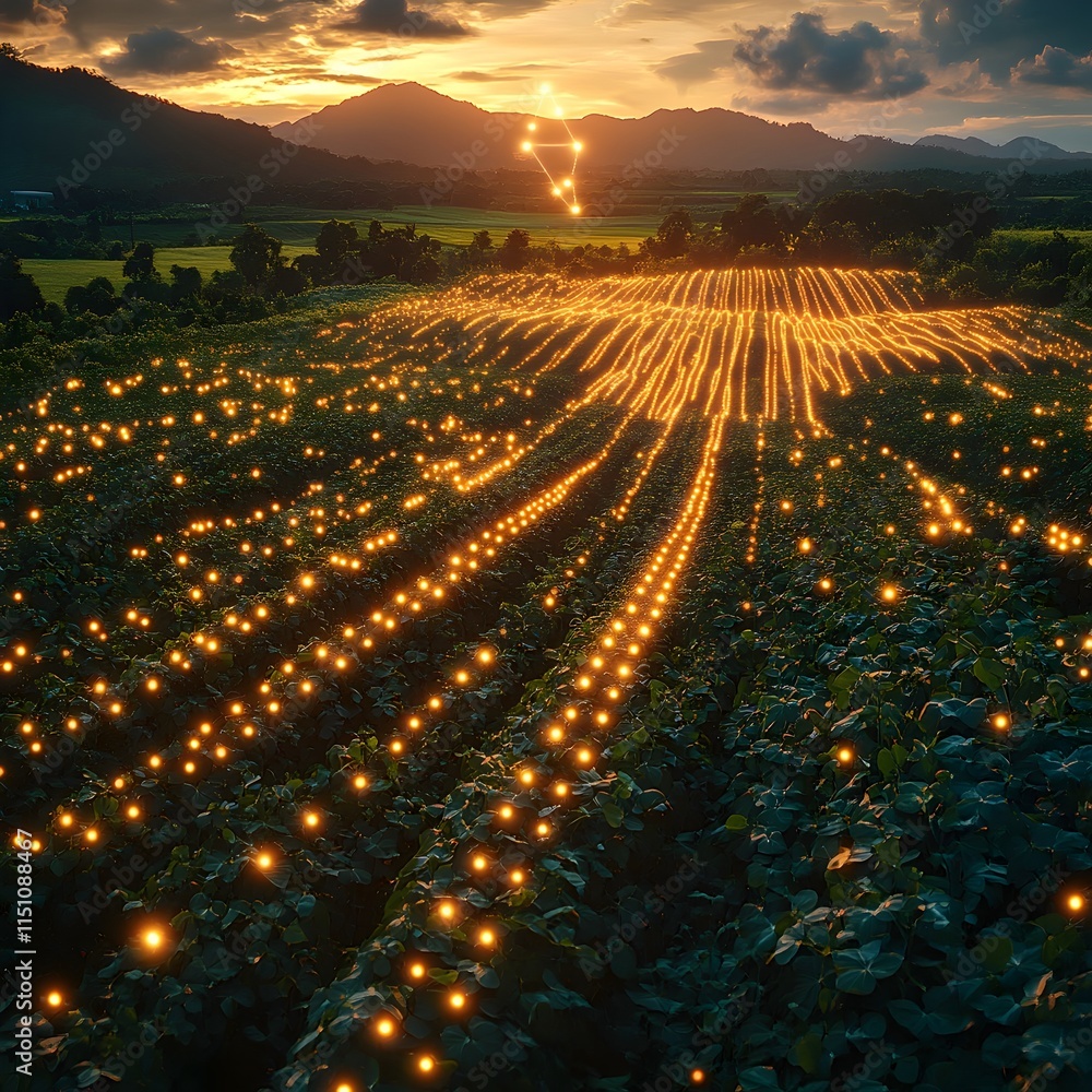 Poster Aerial perspective of an expansive soybean plantation with a grid of luminous digital markers hovering overhead showcasing the application of precision agriculture technology within a detailed
