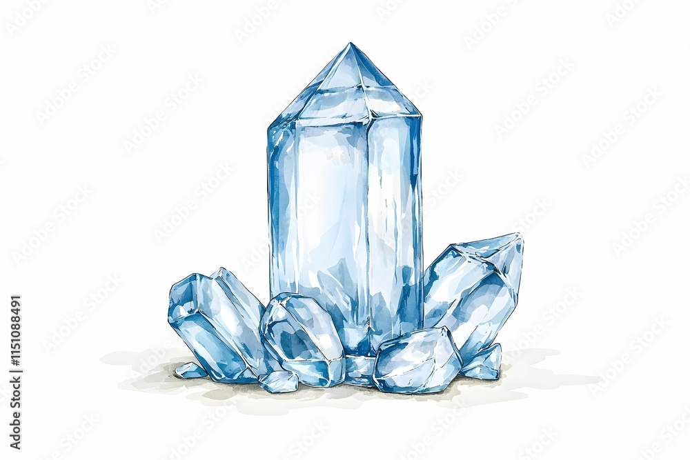 Poster sparkling blue crystal cluster with sharp edges and facets on a bright background