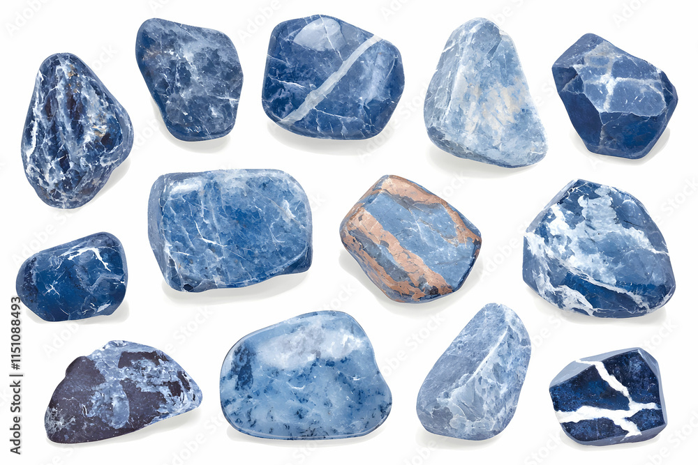 Poster collection of polished blue stones and rocks with unique patterns and textures ideal for decorative 