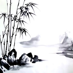 Ink Wash Painting of Bamboo and Rocks Near Water