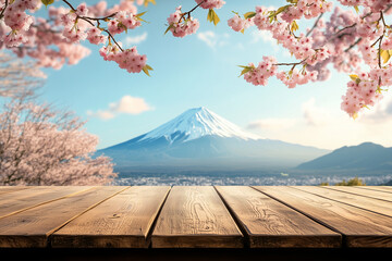 Empty Wooden Table, Background Of Fuji Mountain In Japan In Cherry Blossom Season