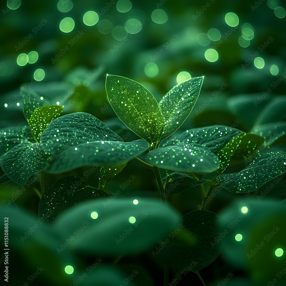Poster Lush green soybean plants stretching out to the horizon adorned with a mesmerizing array of luminescent data points