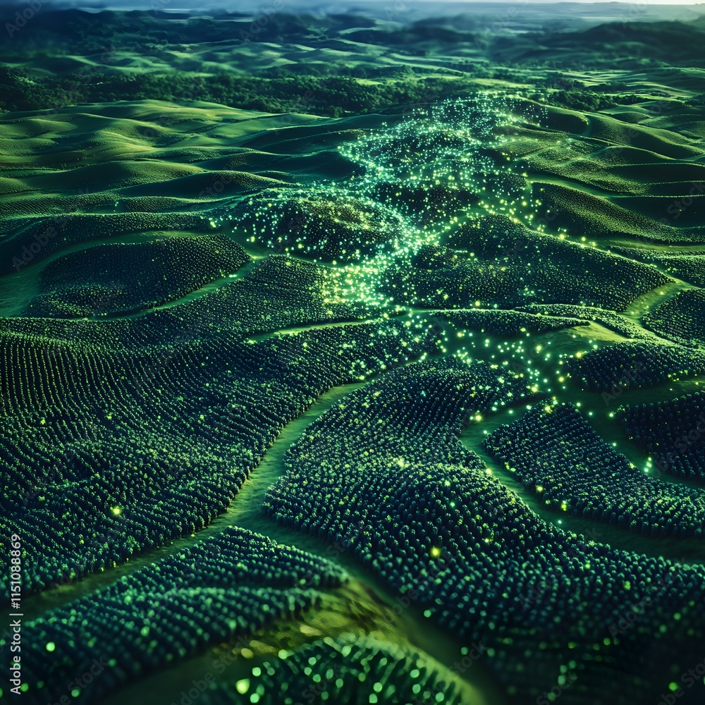 Poster aerial perspective of a sprawling soybean farm with a mesmerizing overlay of luminous data visualiza