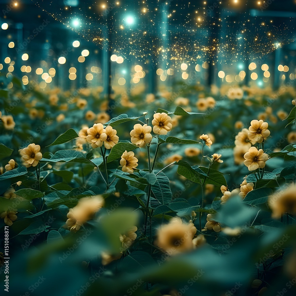Poster Lush soybean field in full bloom with a captivating network of shimmering data points dancing overhead showcasing the convergence of nature and emerging technology in a cinematic