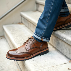 male foot with brown leather shoes and jeans