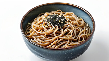 Delicious bowl of soba noodles topped with sesame seeds and seaweed.  Japanese cuisine, healthy food, culinary photography.