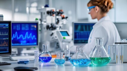 Scientist working in modern laboratory with colorful liquids.