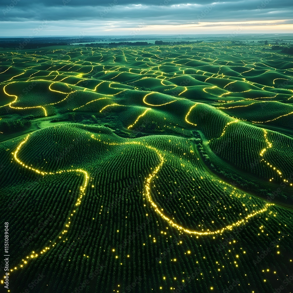 Poster Aerial perspective showcasing a vast soybean plantation where an intricate tapestry of glowing data points hovers above the undulating green expanse