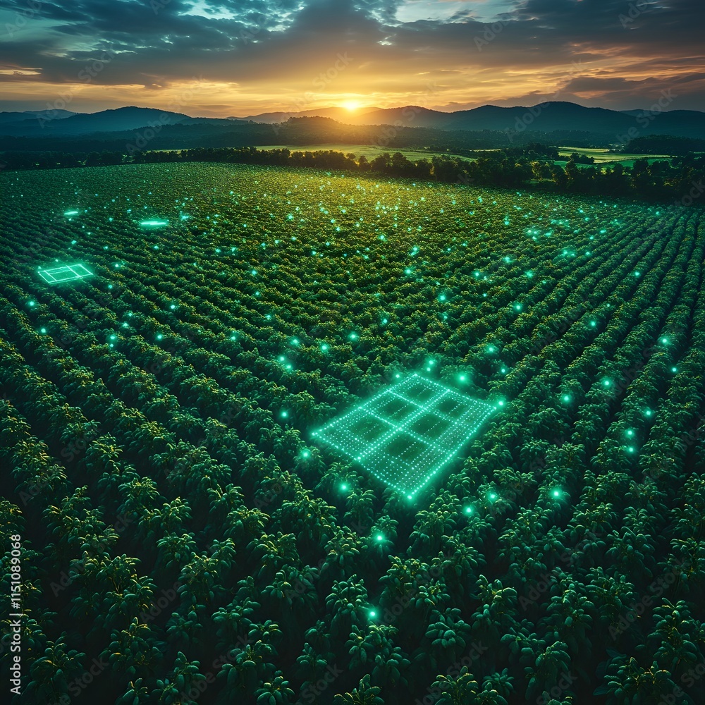 Poster aerial perspective of a sprawling soybean field a tapestry of emerald foliage criss crossed by a glo