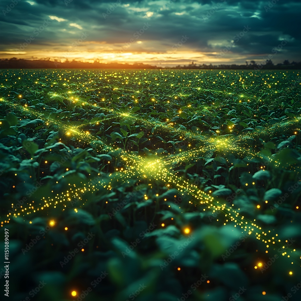 Poster aerial perspective of a sprawling soybean field a tapestry of emerald foliage criss crossed by a glo