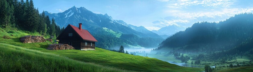 Obraz premium Serene mountain landscape with a cottage surrounded by lush greenery.