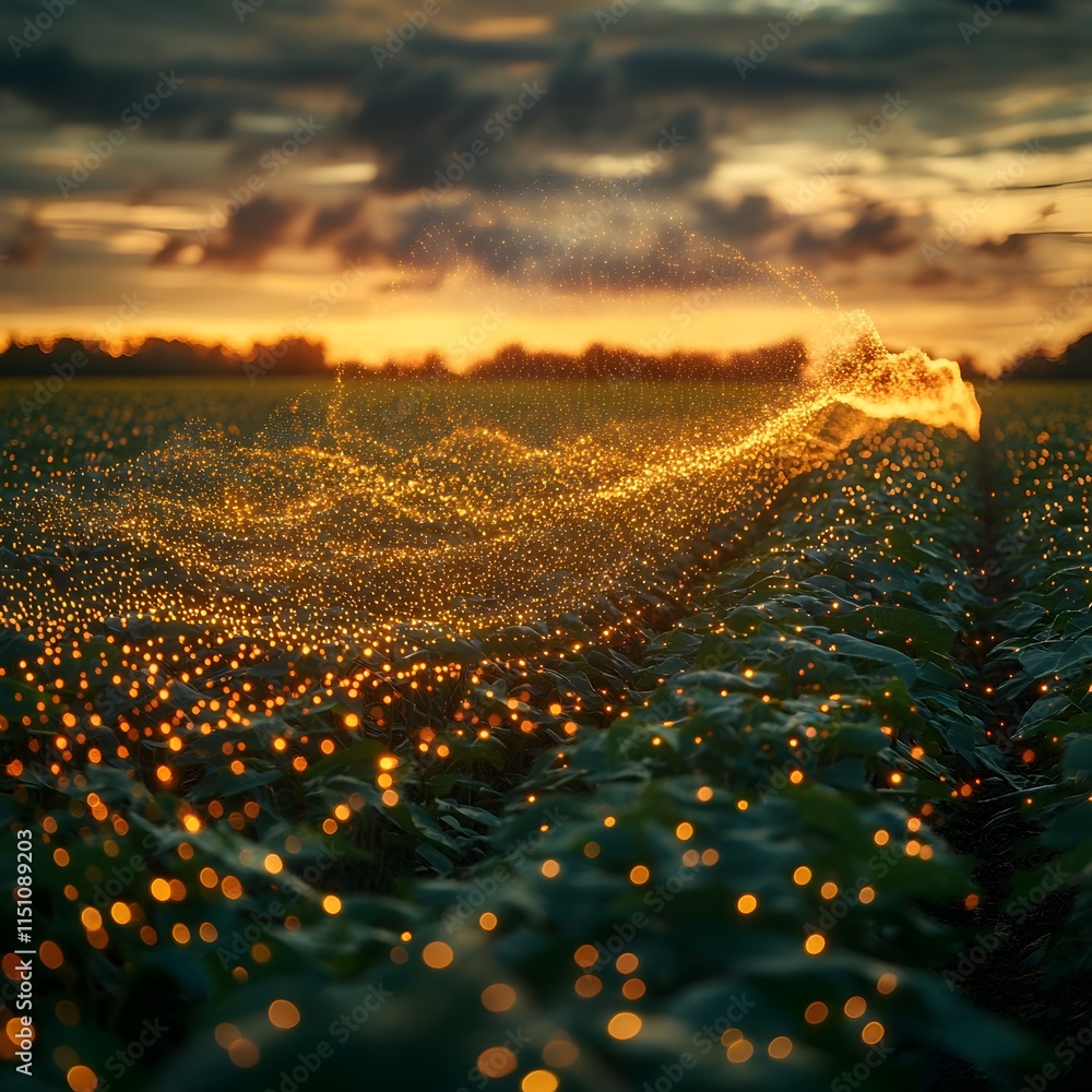 Poster luminous soybean field bathed in golden hour light a hypnotic display of data particles gracefully u