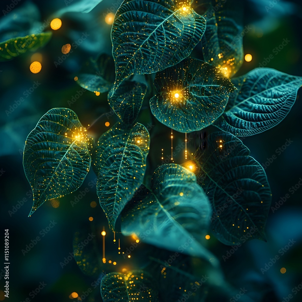 Aufkleber Captivating closeup of lush soybean leaves with a striking overlay of glowing data points and holographic information displays