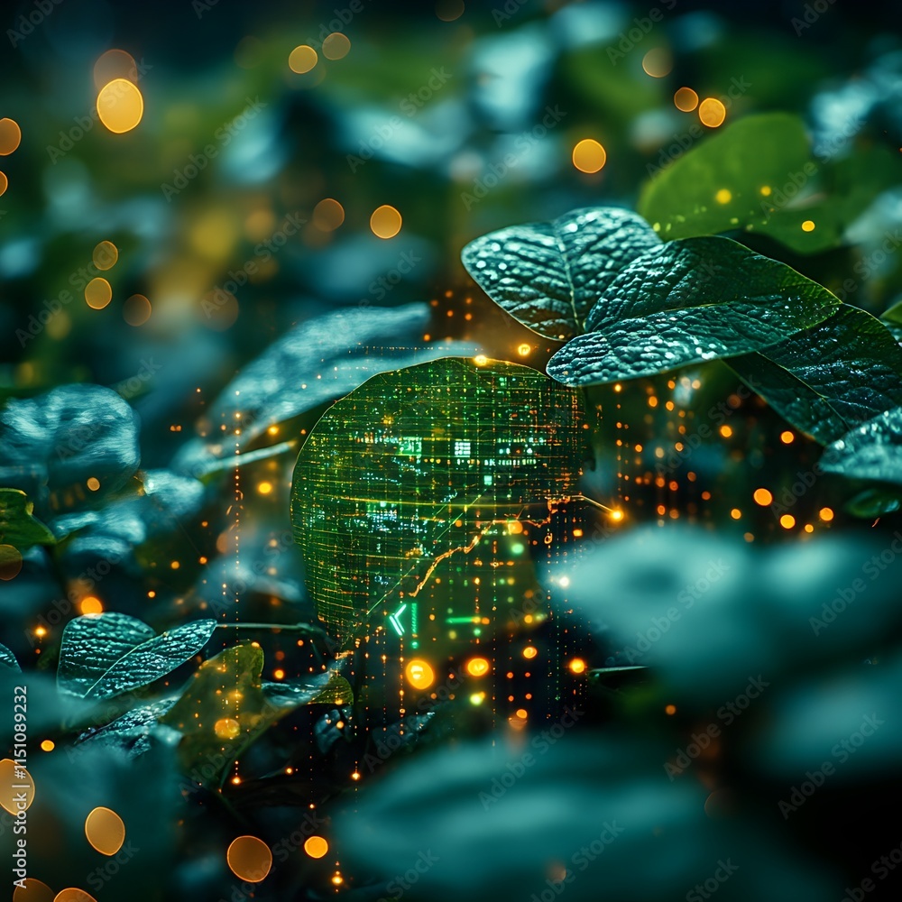 Poster Closeup of lush soybean leaves with a captivating overlay of glowing data points and holographic information displays representing the of cutting edge digital tools in modern precision agriculture