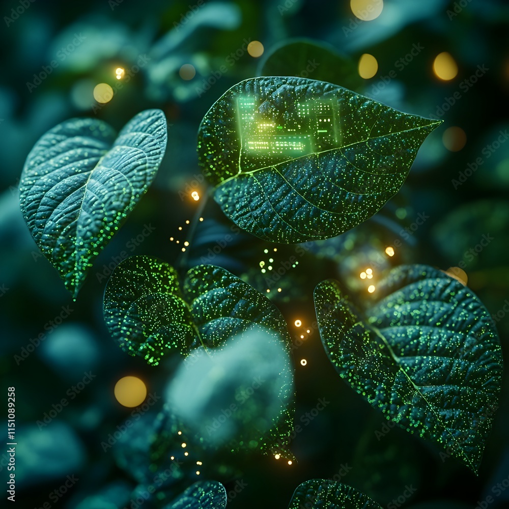 Aufkleber Closeup of lush soybean leaves with a captivating overlay of glowing data points and holographic information displays representing the of cutting edge digital tools in modern precision agriculture