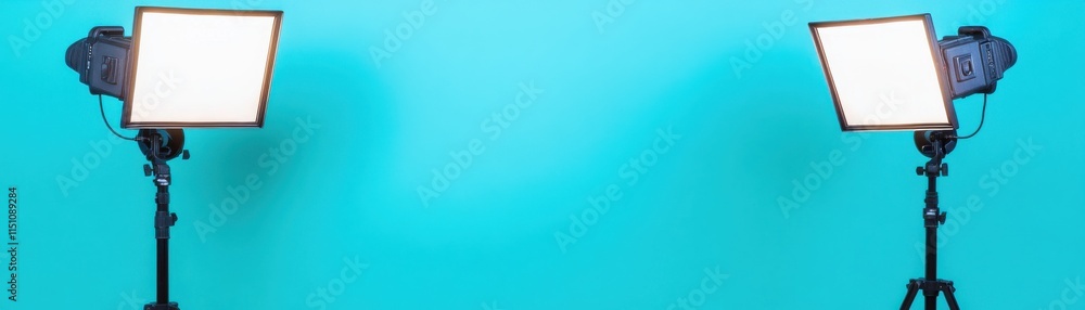 Poster studio lighting setup with softboxes against a teal backdrop.