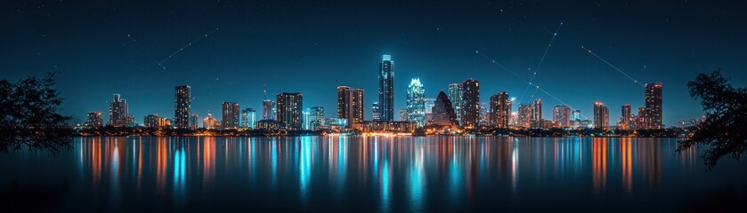 Obraz premium Stunning night skyline reflecting in water, illuminated city lights.