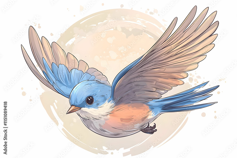 Poster Colorful illustration of a bluebird in flight with a soft artistic background showcasing its feathers and lively expression