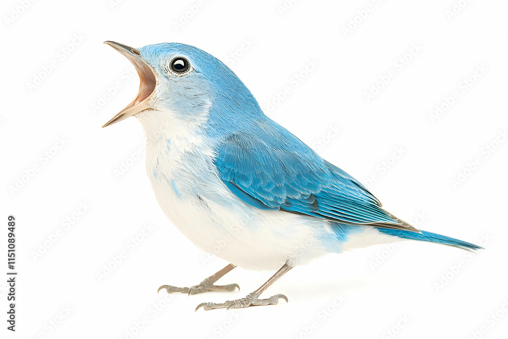 Aufkleber vibrant blue bird with open beak perched on a white background displaying expressive vocalization