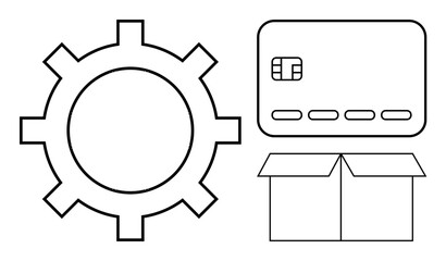 Gear, credit card, and open box line graphics. Ideal for e-commerce, logistics, finance, payment processing, online shopping technology integration business operations. Line metaphor