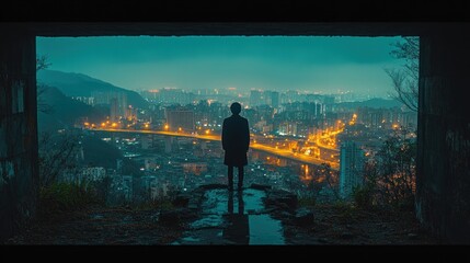 Fototapeta premium A silhouette stands at a viewpoint, overlooking a vibrant cityscape at dusk.